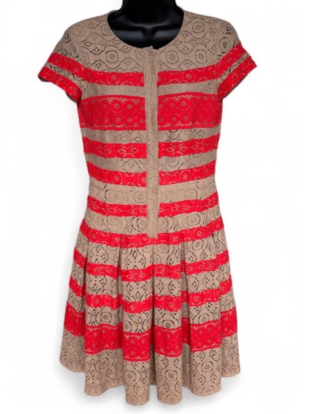 BCBGMaxAzria Orange Red and Beige Lace Stripe Fit-and-Flare Dress